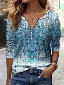 Fashion Women Floral Print Zip Front T-Shirt Casual Long Sleeve Top Clothing New - Picture 1 of 4