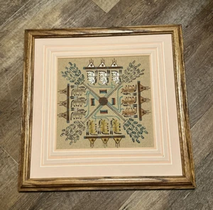BUFFALO PEOPLE Navajo Sand Painting Wall Art, Colorful Framed & Matted 13.5x13.5 - Picture 1 of 6