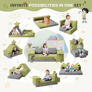 Modular Kids Couch 9Pcs Child DIY Play Sofa for Sleeping Playroom Bedroom Green - Picture 1 of 8