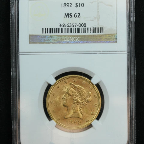 1892 $10 Liberty Head US Gold Eagle Coin - NGC MS 62 Cover