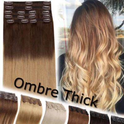 8A+ Ombre DOUBLE WEFT 170G Clip In Remy Human Hair Extensions Full Head THICK US - Image 1 of 4