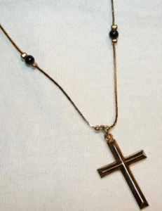 Schöne geriffelte goldfarbene schwarze Perlenkette Kreuz Halskette +++++ - Bild 1 von 1