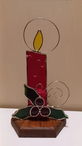 Vintage Buntglas Kerze Teelicht Windlicht Halter 10" grün & rot Holzsockel - Bild 1 von 2