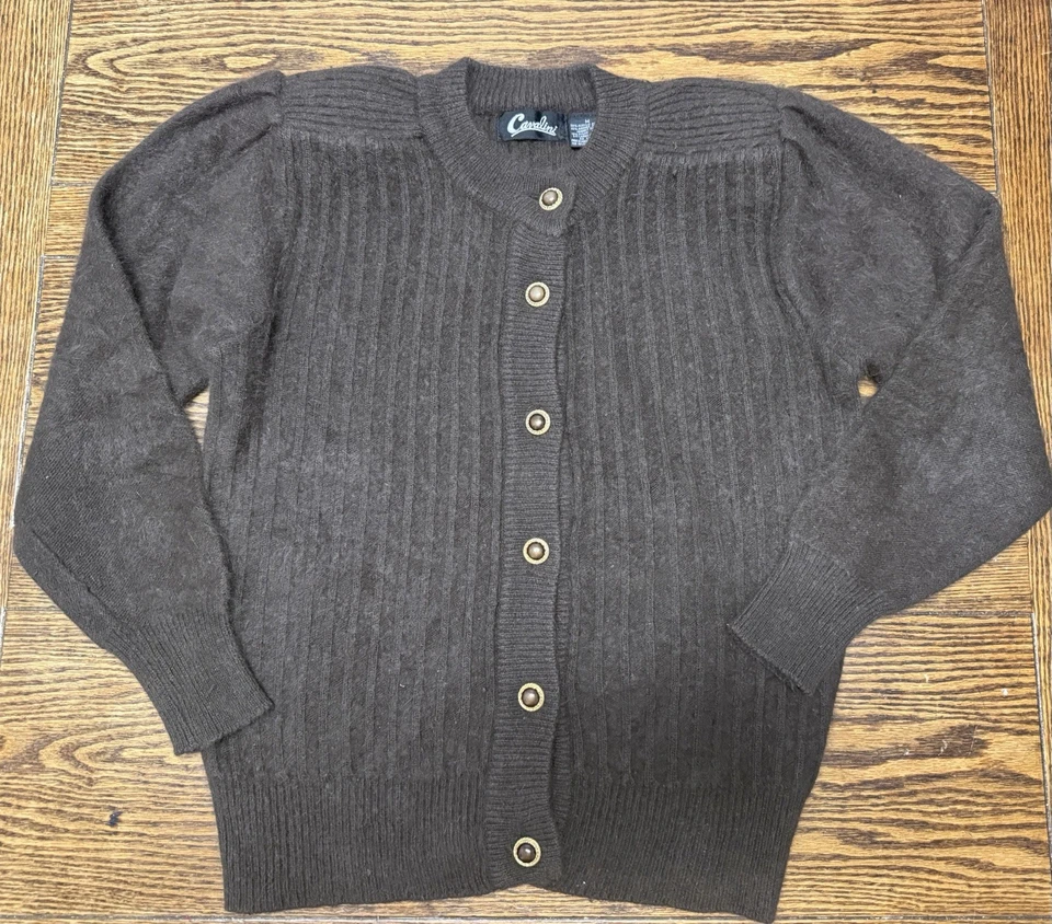 Cavalini Women's Angora Lambswool Vintage Sweater Brown Pearl Button Front - Image 1 of 4