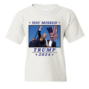 🔥 Donald Trump You Missed! 2024 Kids YOUTH T shirt MAGA Never Surrender Bullet - Picture 1 of 8