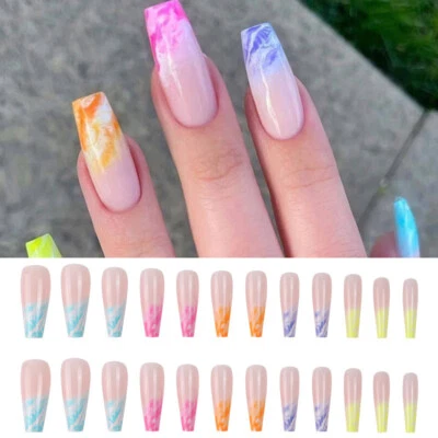 French Long Coffin Almond Press On Nails Fake False Fashion Design 24 Pcs Set ↷ - Image 1 of 4
