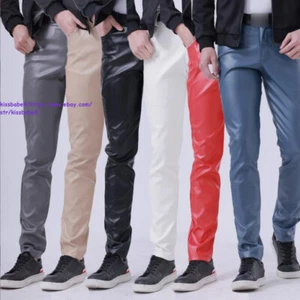 Stylish Men's Faux Leather Motorcycle Pants Pockets Comfortable PU Long Trousers - Picture 1 of 22