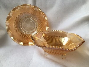 Vtg Jeanette Carnival Glass Marigold Iridescent Glass Ruffle 3 Footed Candy Dish - Picture 1 of 12