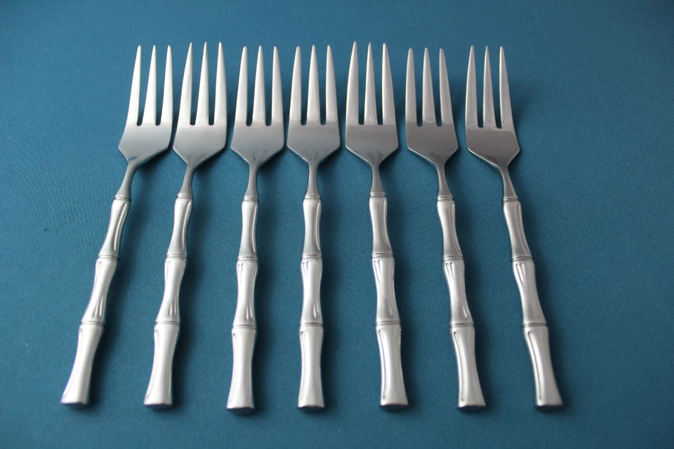 7 салатных вилок Supreme Cutlery от Towle БАМБУКОВЫЕ ЯРКИЕ 18/8 глянцевые Япония 6 5/8 дюйма - Изображение 1 из 4
