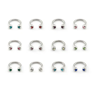 Horseshoe Bar Circular Barbell With CRYSTAL GEM Balls Lip Nose Septum Ring - Image 1 of 4