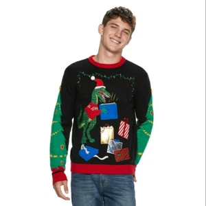 33 Degrees Black Dinosaur Presents Ugly Christmas Sweater XL $60 NWT - Picture 1 of 1