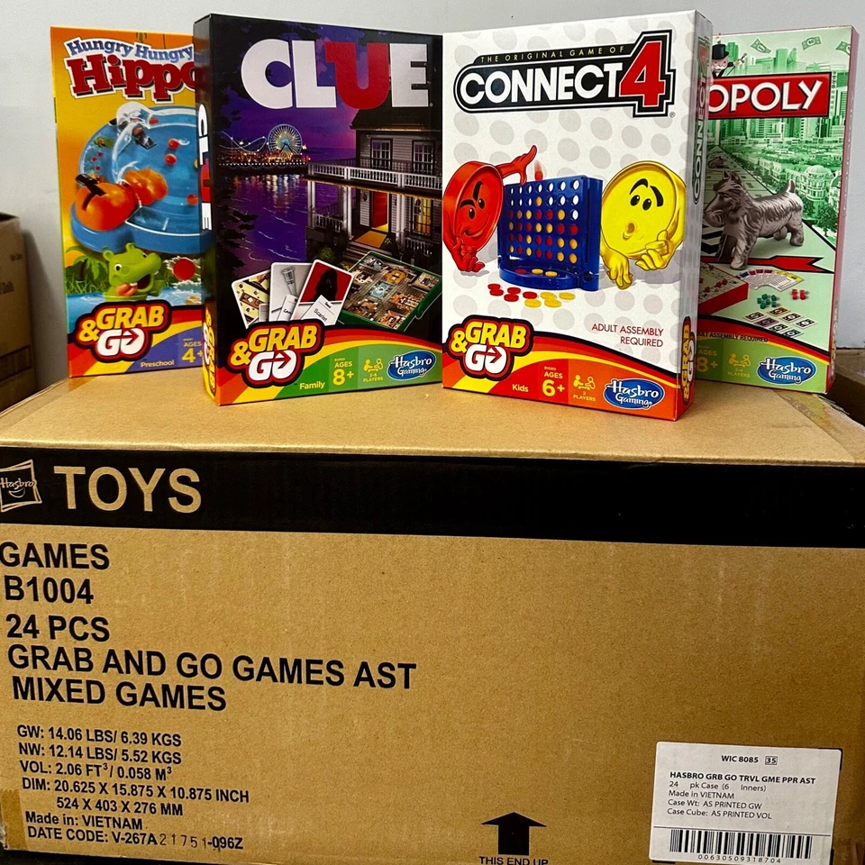 NEW CASE PACK OF 24 Hasbro Travel Games Monopoly Clue Connect 4 Hungry Hippos - Image 1 of 1