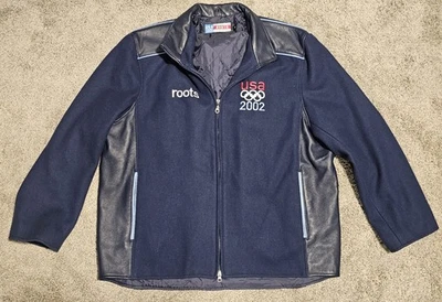 Chaqueta para hombre Roots 2002 equipo olímpico EE. UU. cremallera completa lana cuero chaqueta talla Lg Foto 1 de 4
