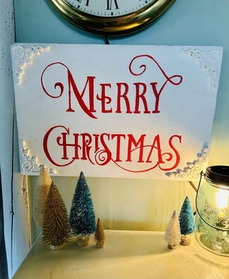 PRIMITIVE SHABBY MERRY CHRISTMAS SIGN scrolled wooden appliques CHARLES DICKENS - Image 1 of 4