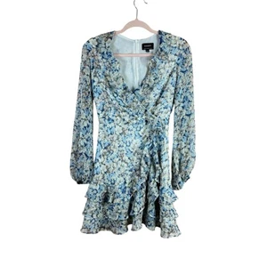 BARDOT Damen Gr. XS Blau Blumenmuster V-Ausschnitt Rüschen Langarm Faux Wickelkleid - Bild 1 von 5