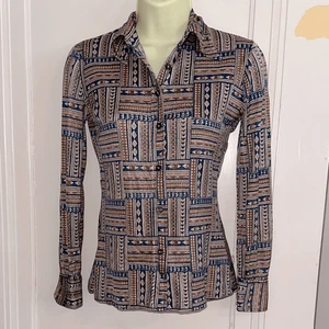 Vintage 60s/70s Organically Grown Blue, Tan & Brown Knit Polyester Shirt - Picture 1 of 9