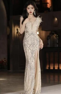 Gorgeous V Neck Feather Shine Sequins Bodycon Fishtail Gown Prom Evening Dresses - Picture 1 of 17