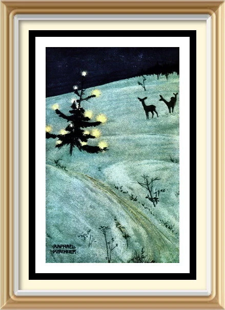 Original c1975 Vintage RAPHAEL KIRCHNER Print WINTER CHRISTMAS TREE LANDSCAPE - Image 1 of 1