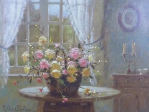 Heinz Werner van der Porten pintura al óleo arte pintura interior con ramo de flores - Imagen 1 de 10