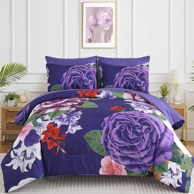  Juegos de cama edredón floral tamaño 7 piezas cama en bolsa, Queen púrpura oscuro Foto 1 de 4
