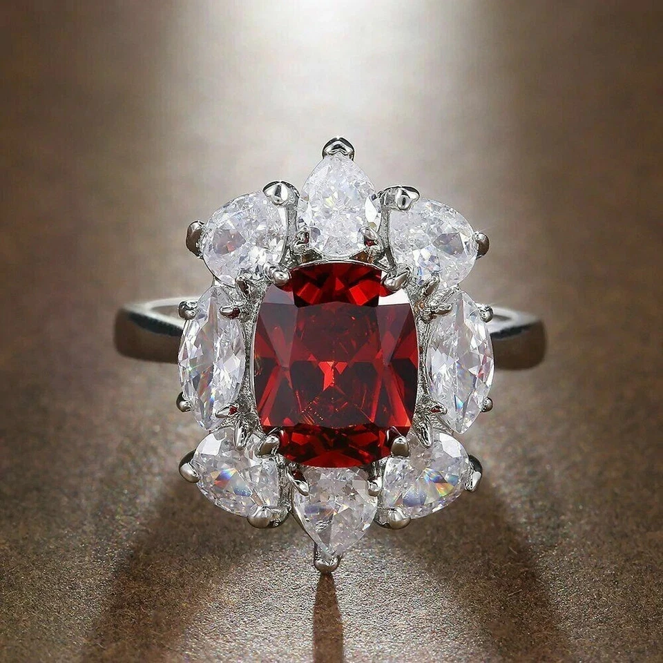 5.2Ct Cushion Cut Natural Garnet &Diamond Halo Wedding Ring Solid 14K White Gold - Image 1 of 1