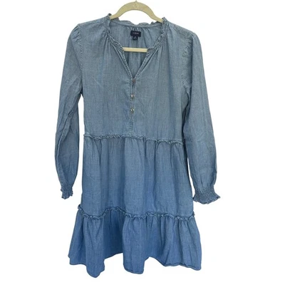 J.Crew Womens Chambray Dress Size 6 Blue Long Sleeve Tiered Ruffle Cowgirl Flirt - Image 1 of 4