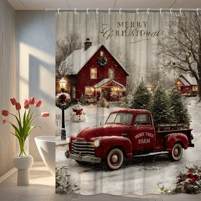 Vintage Truck Farmhouse Christmas Shower Curtain with Trees, Snowman&House Scene - Image 1 of 4