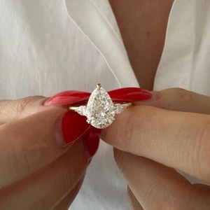 3.30TCW Pear Cut IGI Lab Grown Diamond Three-Stone Ring Solid 14kt Yellow Gold - Picture 1 of 20