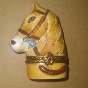 LIMOGES FRANCE TRINKET PILL BOX HORSE HEAD PAINTED SIGNED EQUESTRIAN STATUE - Picture 1 of 8