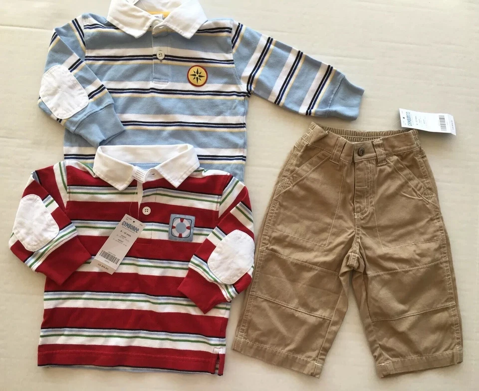 全新带标签 Gymboree 帆船俱乐部 6-12 个月红色和蓝色条纹橄榄球衬衫卡其色裤子 — 第 1/1 张图片