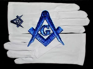 Guanti Massonici Bianchi Blu Ricamati Logo G Quadrati & Bussola - Foto 1 di 3
