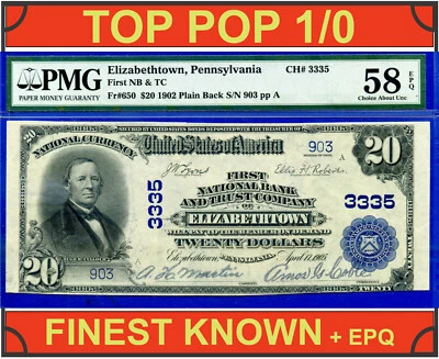 1902 $20 National Bank Elizabethtown, PA CH# 3335 PMG 58EPQ - Top Pop 1/0 Rare! - Image 1 of 4