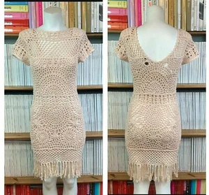 Topshop Ladies 8 XS Dress Beige Nude Crochet Knit Macrame Fringe Tassel Sheer - Picture 1 of 12