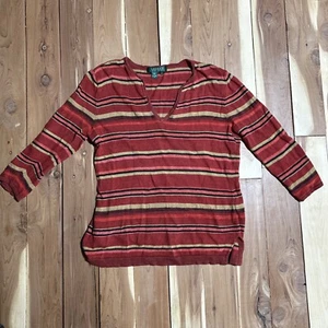 Ralph Lauren Mujer Suéter Top Manga Larga Camisa Talla M Rojo Beige 100% Lino - Imagen 1 de 9