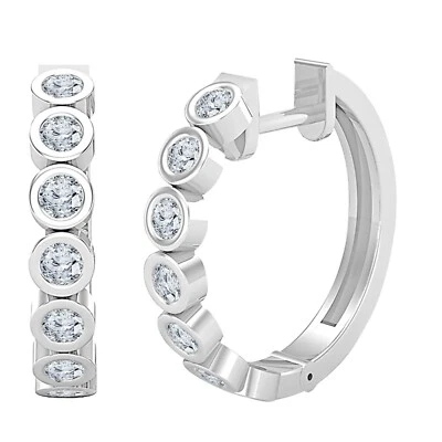 925 Sterling Silver Round Simulated Diamonds Bezel Set Hoop Earrings Mothers Day - Image 1 of 3