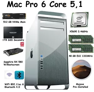 Mac Pro 6 Core 3.46GHz 48GB 1333mhz 512GB NVME 1 TB SSD RX580 W/Boot-Screen - Picture 1 of 5