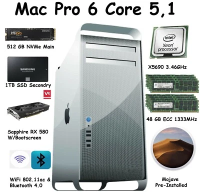 Mac Pro 6 Core 3.46GHz 48GB 1333mhz 512GB NVME 1 TB SSD RX580 W/Boot-Screen  - Image 1 of 4