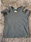 Michael Kors Army Green & Black Striped Top Cold Shoulders - Women Size XL NWT