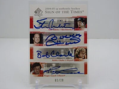 MIKITA/HULL/CLARKE/LEACH 2004-05 SP AUTHENTIC QUAD AUTOGRAPH! #01/20! SSP! FIRST - Image 1 of 2