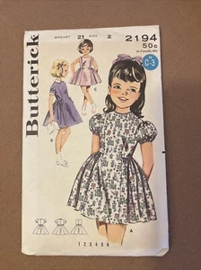 VTG `62 Butterick 2194 Princess Seaming Dress Fit Flare Puff Sleeves Girls SZ 2 - Picture 1 of 5