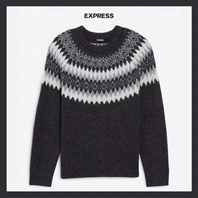 NWT - EXPRESS Men's Gray Fair Isle Wool Blend Crew Neck Sweater, Sz L - $118 - Image 1 of 4