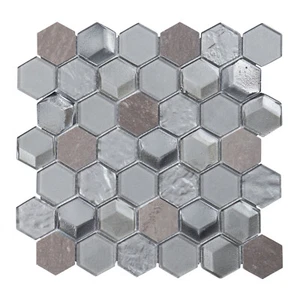 Hexagon Gray Marble Metallic Gray Silver Insert 3D Glass Mosaic Tile Backsplash - Picture 1 of 21