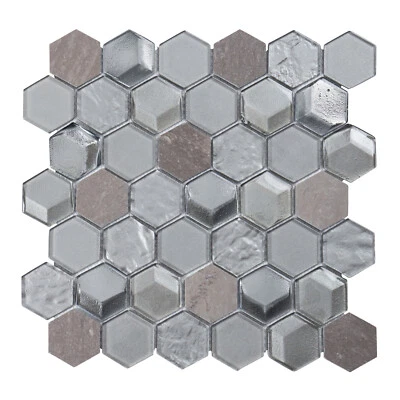 Salpicadero de azulejos de mosaico de vidrio 3D inserción gris metálico gris mármol hexagonal Foto 1 de 4