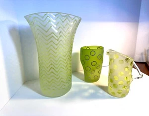 ART GLASS GREEN AND WHITE VASE GLASS AND PITCHER TRIO HAND BLOWN - Picture 1 of 4