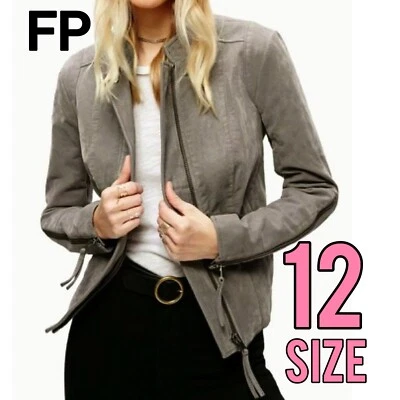 Free People Cool & Clean Vegan Faux Suede Leather Moto Biker Jacket 12 In Taupe  - Image 1 of 4