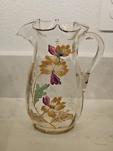 Antique Large 9" Victorian Ruffled Pitcher Handblown Hand Painted Moriage Floral - Picture 1 of 12