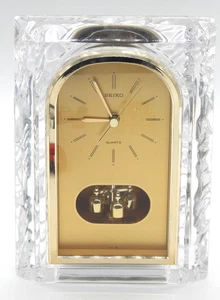 VTG SEIKO Quartz Crystal Cut Glass Brass Pendulum Desk Heavy Clock Made In Japan - Picture 1 of 7