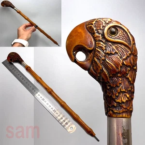 1970s Rare Vintage Carved Wooden Parrot Cane Handle Bamboo Walking Stick Unique - Picture 1 of 12