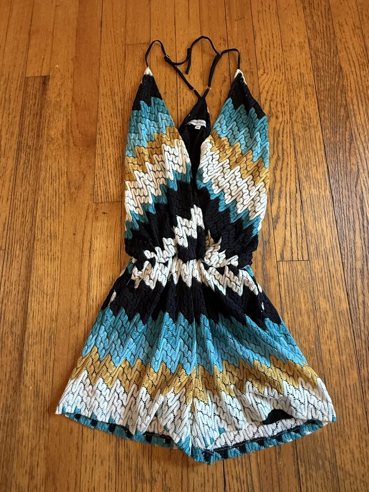 Macacão Karina Grimaldi Feminino XS Multicolorido Chevron Crochê Forrado EUA Boho - Imagem 1 de 4