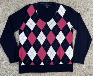 Tommy Hilfiger Mujer XL Suéter Rosa Caliente Azul Marino Argyle Cuello en V 100% Algodón Pima - Imagen 1 de 4